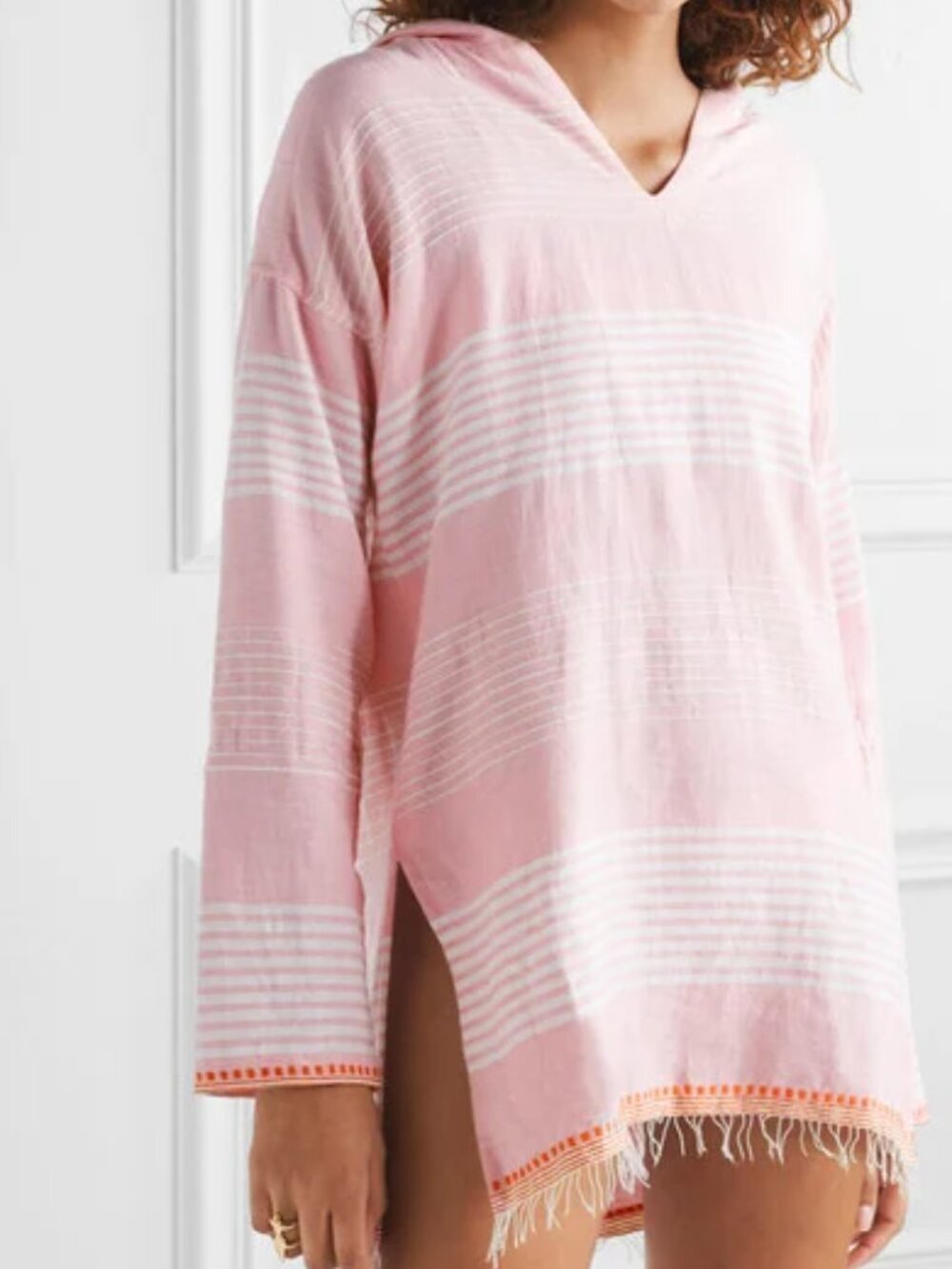 LemLem Rekik Hooded Frayed Cotton Gauze Striped Cover-Up Top XS